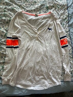 PINK Victoria's Secret White Long Sleeve Henley with Pink and Navy Stripes